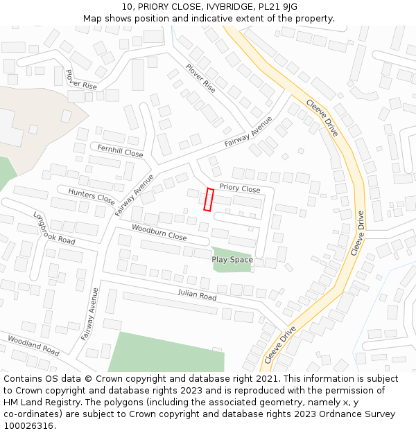 10, PRIORY CLOSE, IVYBRIDGE, PL21 9JG: Location map and indicative extent of plot