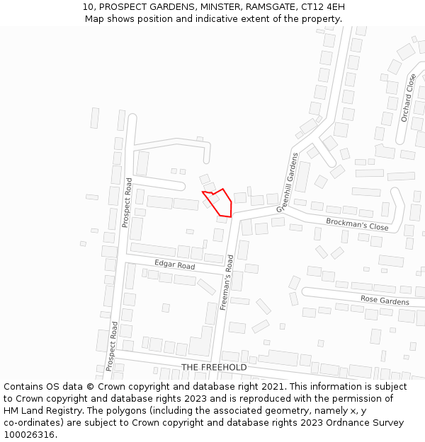 10, PROSPECT GARDENS, MINSTER, RAMSGATE, CT12 4EH: Location map and indicative extent of plot