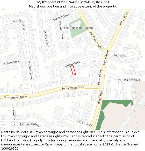 10, PYRFORD CLOSE, WATERLOOVILLE, PO7 6BT: Location map and indicative extent of plot