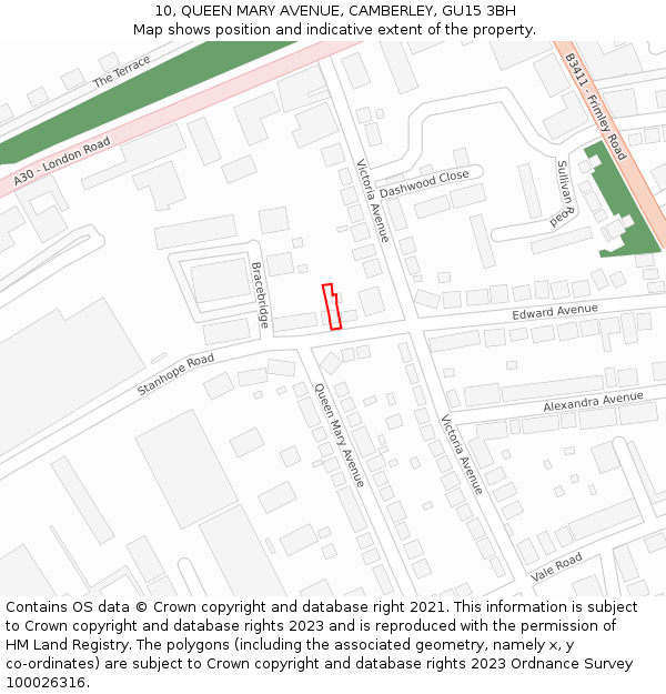 10, QUEEN MARY AVENUE, CAMBERLEY, GU15 3BH: Location map and indicative extent of plot