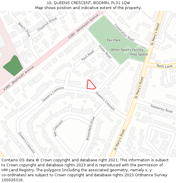 10, QUEENS CRESCENT, BODMIN, PL31 1QW: Location map and indicative extent of plot