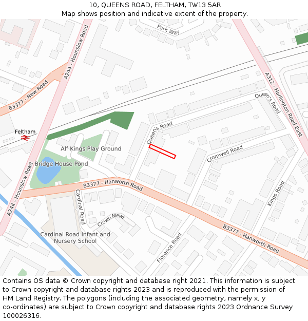 10, QUEENS ROAD, FELTHAM, TW13 5AR: Location map and indicative extent of plot