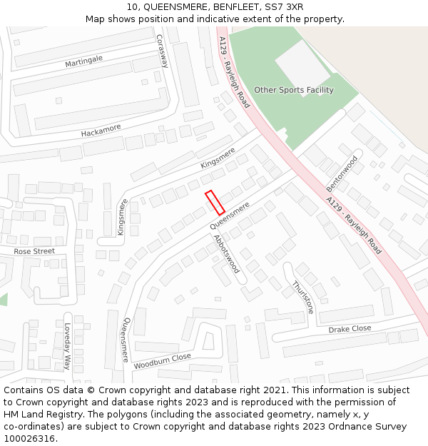 10, QUEENSMERE, BENFLEET, SS7 3XR: Location map and indicative extent of plot