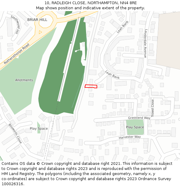 10, RADLEIGH CLOSE, NORTHAMPTON, NN4 8RE: Location map and indicative extent of plot