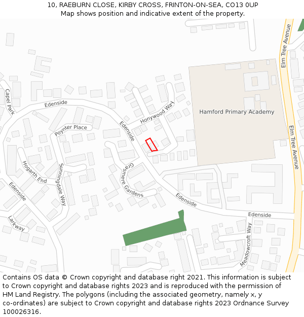 10, RAEBURN CLOSE, KIRBY CROSS, FRINTON-ON-SEA, CO13 0UP: Location map and indicative extent of plot