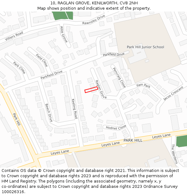 10, RAGLAN GROVE, KENILWORTH, CV8 2NH: Location map and indicative extent of plot