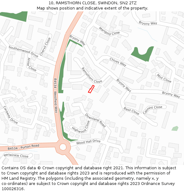 10, RAMSTHORN CLOSE, SWINDON, SN2 2TZ: Location map and indicative extent of plot