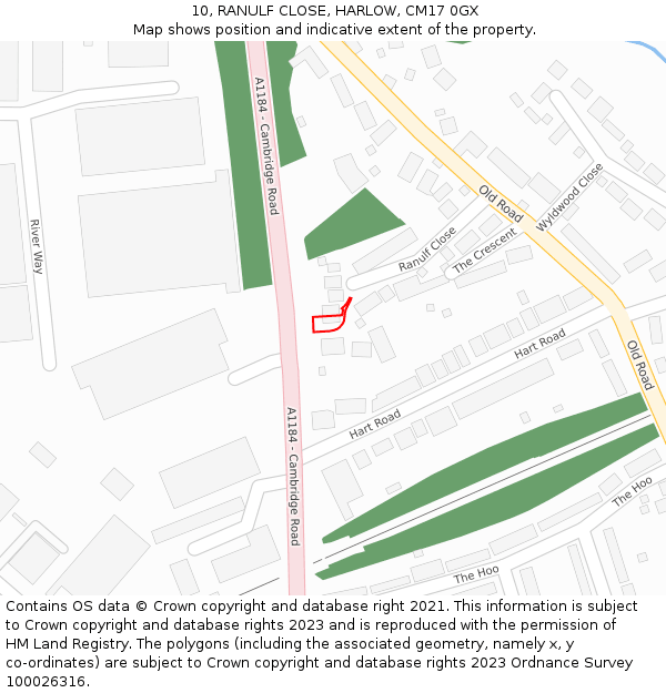 10, RANULF CLOSE, HARLOW, CM17 0GX: Location map and indicative extent of plot