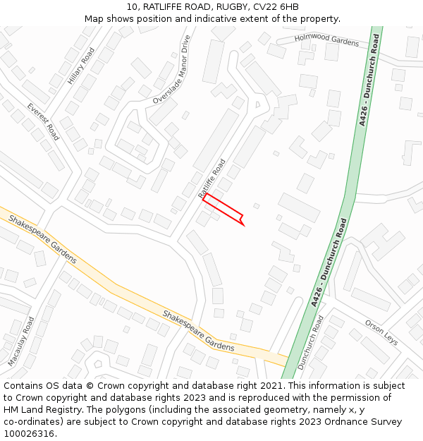 10, RATLIFFE ROAD, RUGBY, CV22 6HB: Location map and indicative extent of plot