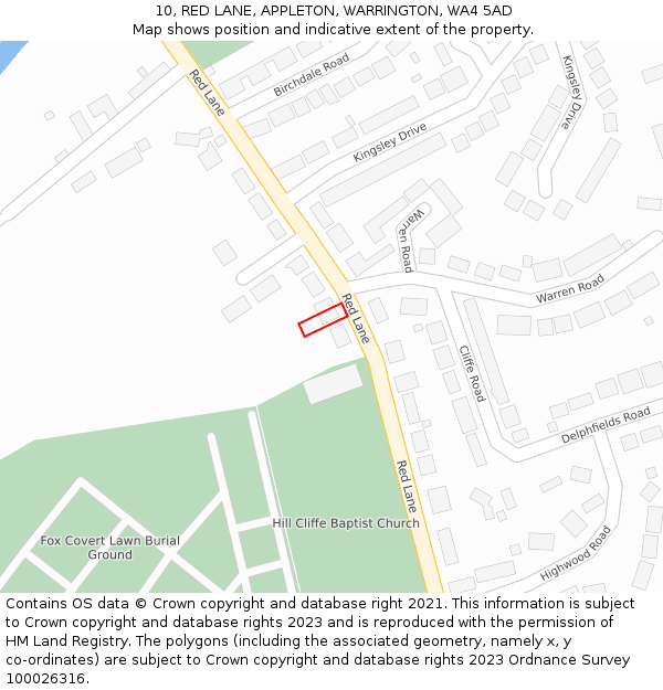 10, RED LANE, APPLETON, WARRINGTON, WA4 5AD: Location map and indicative extent of plot