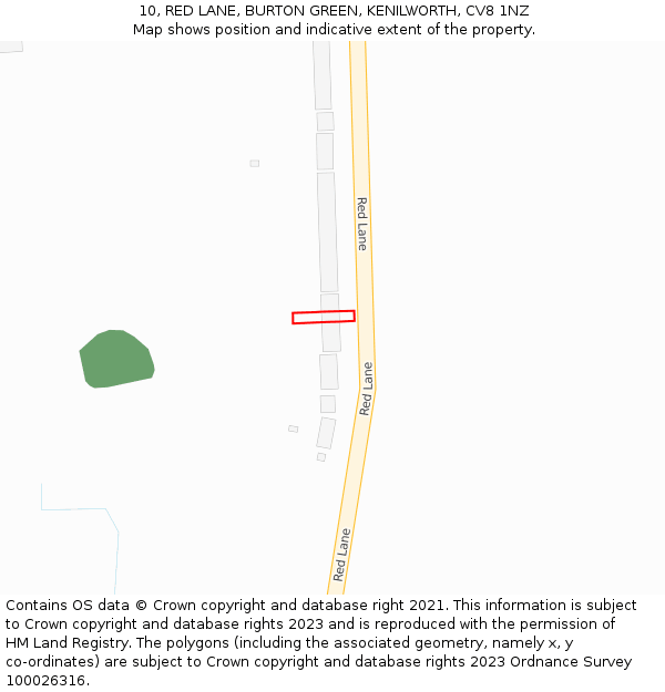 10, RED LANE, BURTON GREEN, KENILWORTH, CV8 1NZ: Location map and indicative extent of plot