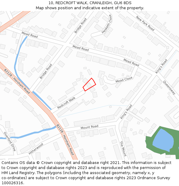 10, REDCROFT WALK, CRANLEIGH, GU6 8DS: Location map and indicative extent of plot