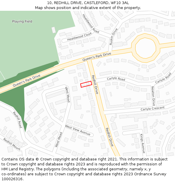 10, REDHILL DRIVE, CASTLEFORD, WF10 3AL: Location map and indicative extent of plot