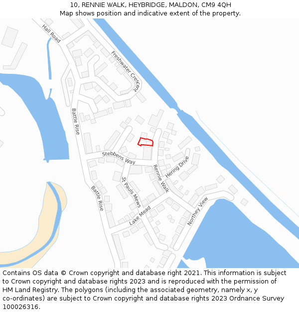 10, RENNIE WALK, HEYBRIDGE, MALDON, CM9 4QH: Location map and indicative extent of plot