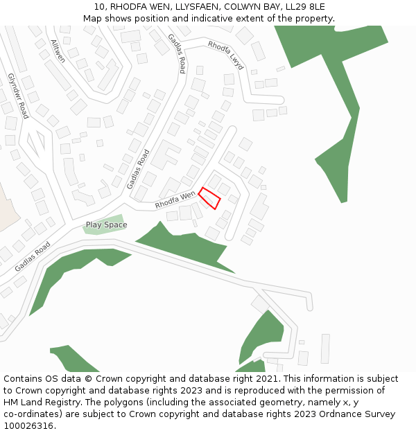 10, RHODFA WEN, LLYSFAEN, COLWYN BAY, LL29 8LE: Location map and indicative extent of plot