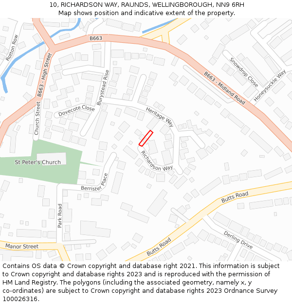 10, RICHARDSON WAY, RAUNDS, WELLINGBOROUGH, NN9 6RH: Location map and indicative extent of plot