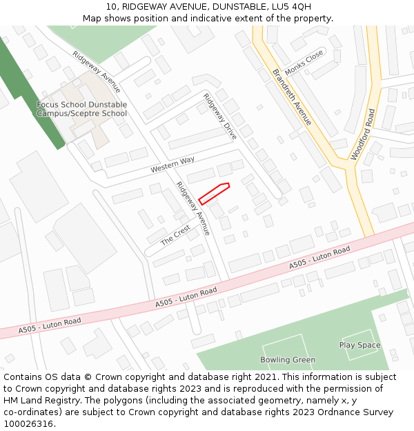 10, RIDGEWAY AVENUE, DUNSTABLE, LU5 4QH: Location map and indicative extent of plot