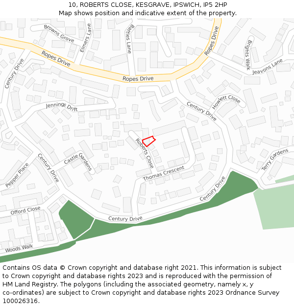 10, ROBERTS CLOSE, KESGRAVE, IPSWICH, IP5 2HP: Location map and indicative extent of plot