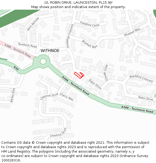 10, ROBIN DRIVE, LAUNCESTON, PL15 9JY: Location map and indicative extent of plot