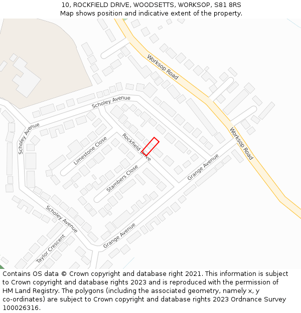 10, ROCKFIELD DRIVE, WOODSETTS, WORKSOP, S81 8RS: Location map and indicative extent of plot