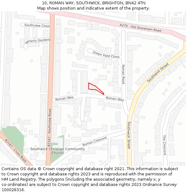 10, ROMAN WAY, SOUTHWICK, BRIGHTON, BN42 4TN: Location map and indicative extent of plot