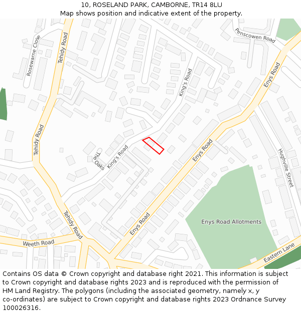 10, ROSELAND PARK, CAMBORNE, TR14 8LU: Location map and indicative extent of plot