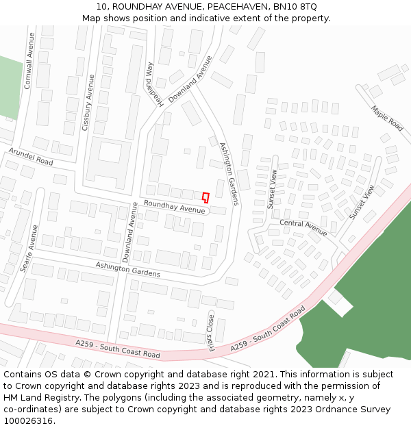 10, ROUNDHAY AVENUE, PEACEHAVEN, BN10 8TQ: Location map and indicative extent of plot