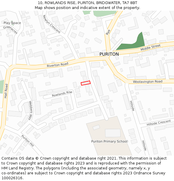 10, ROWLANDS RISE, PURITON, BRIDGWATER, TA7 8BT: Location map and indicative extent of plot