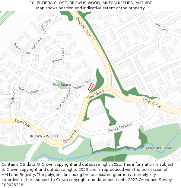 10, RUBBRA CLOSE, BROWNS WOOD, MILTON KEYNES, MK7 8DP: Location map and indicative extent of plot