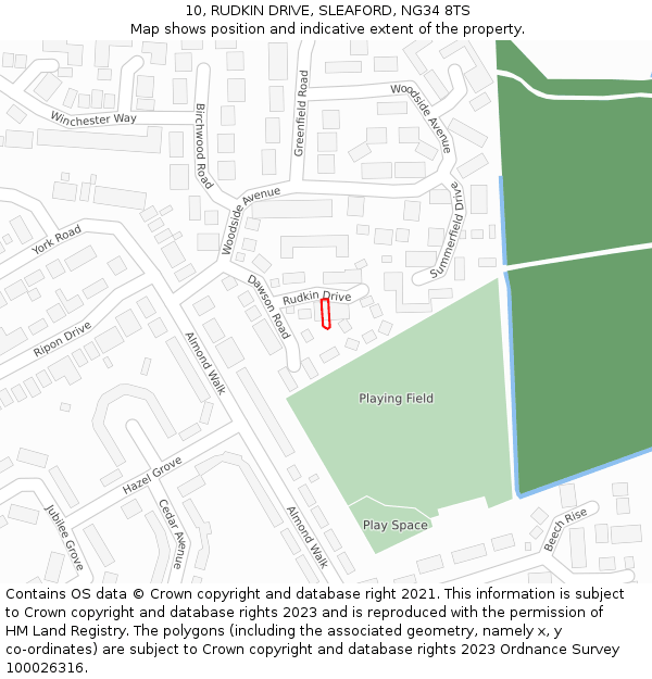 10, RUDKIN DRIVE, SLEAFORD, NG34 8TS: Location map and indicative extent of plot