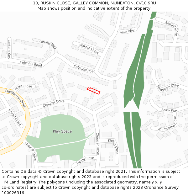 10, RUSKIN CLOSE, GALLEY COMMON, NUNEATON, CV10 9RU: Location map and indicative extent of plot