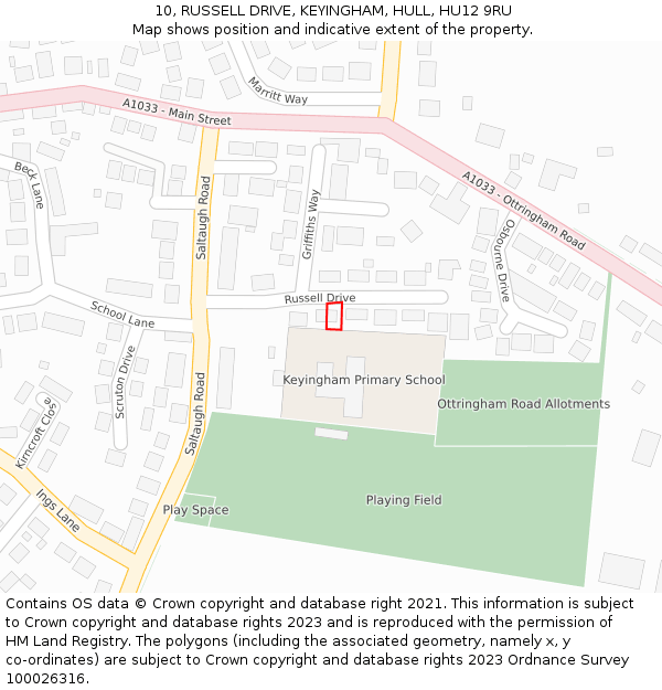 10, RUSSELL DRIVE, KEYINGHAM, HULL, HU12 9RU: Location map and indicative extent of plot