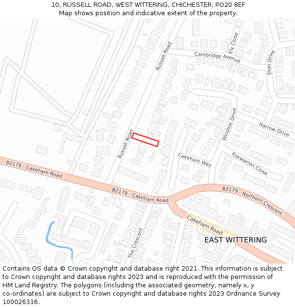 10, RUSSELL ROAD, WEST WITTERING, CHICHESTER, PO20 8EF: Location map and indicative extent of plot