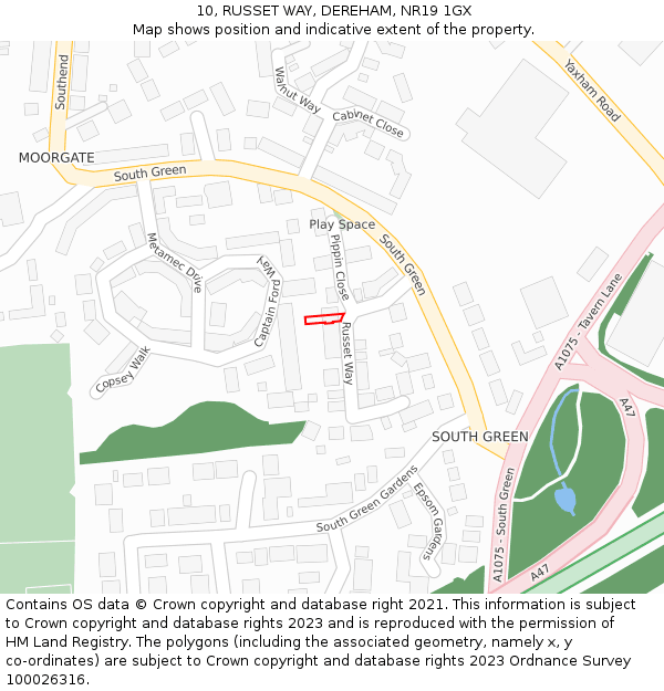 10, RUSSET WAY, DEREHAM, NR19 1GX: Location map and indicative extent of plot