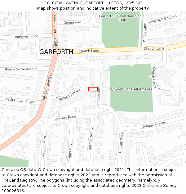 10, RYDAL AVENUE, GARFORTH, LEEDS, LS25 1JG: Location map and indicative extent of plot