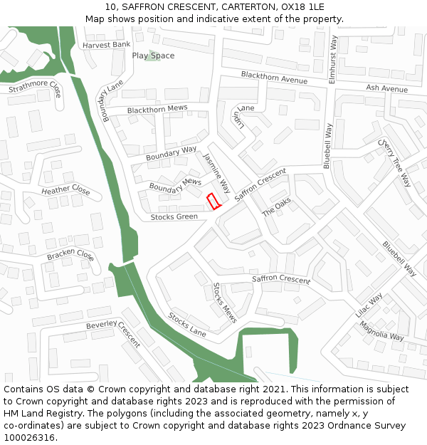 10, SAFFRON CRESCENT, CARTERTON, OX18 1LE: Location map and indicative extent of plot