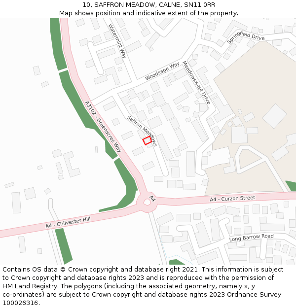 10, SAFFRON MEADOW, CALNE, SN11 0RR: Location map and indicative extent of plot