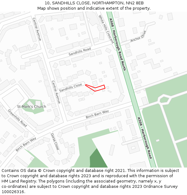 10, SANDHILLS CLOSE, NORTHAMPTON, NN2 8EB: Location map and indicative extent of plot