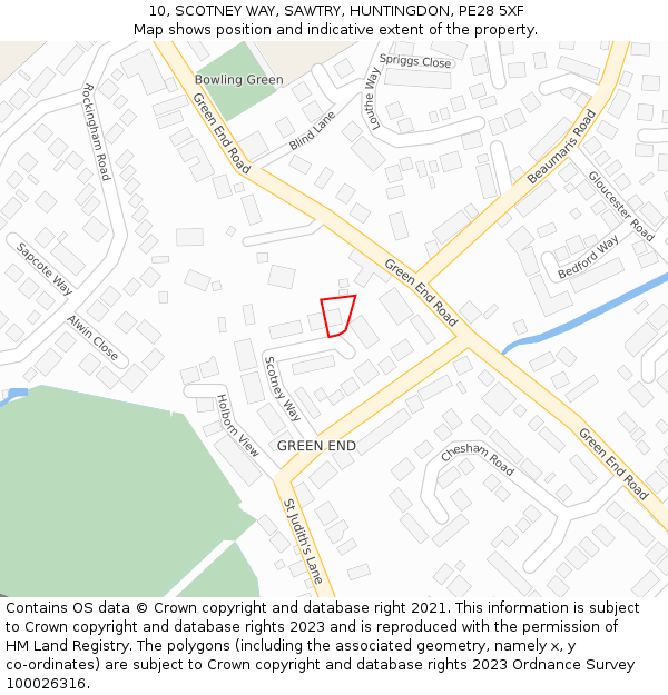 10, SCOTNEY WAY, SAWTRY, HUNTINGDON, PE28 5XF: Location map and indicative extent of plot