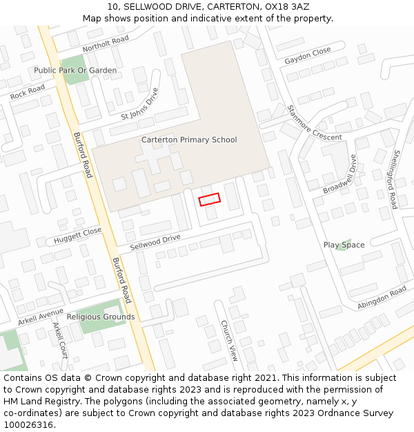 10, SELLWOOD DRIVE, CARTERTON, OX18 3AZ: Location map and indicative extent of plot