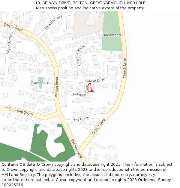 10, SELWYN DRIVE, BELTON, GREAT YARMOUTH, NR31 9LR: Location map and indicative extent of plot