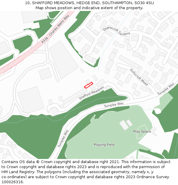 10, SHAFFORD MEADOWS, HEDGE END, SOUTHAMPTON, SO30 4SU: Location map and indicative extent of plot