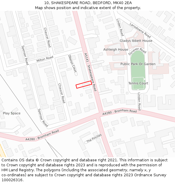 10, SHAKESPEARE ROAD, BEDFORD, MK40 2EA: Location map and indicative extent of plot