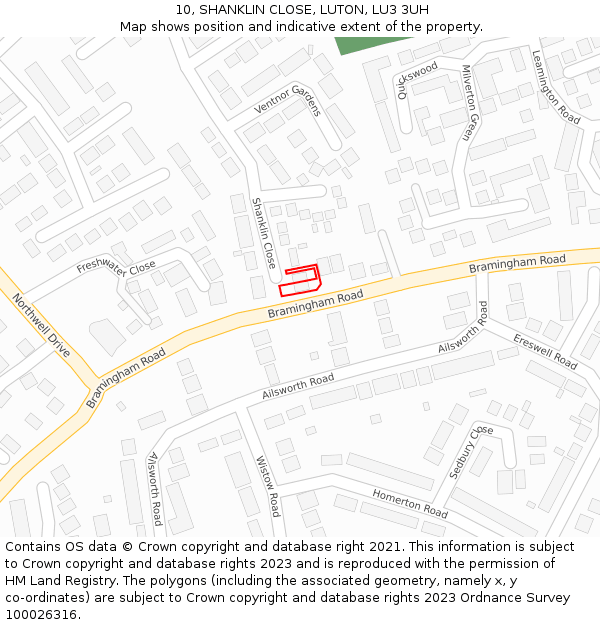 10, SHANKLIN CLOSE, LUTON, LU3 3UH: Location map and indicative extent of plot
