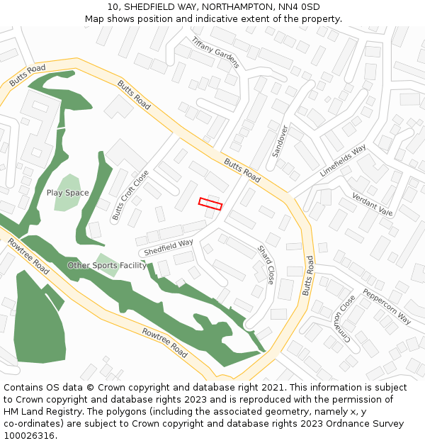 10, SHEDFIELD WAY, NORTHAMPTON, NN4 0SD: Location map and indicative extent of plot