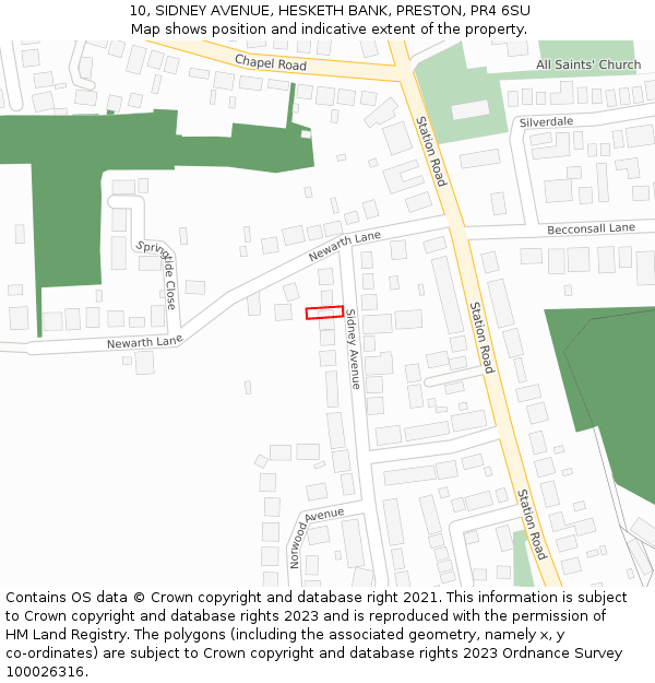 10, SIDNEY AVENUE, HESKETH BANK, PRESTON, PR4 6SU: Location map and indicative extent of plot