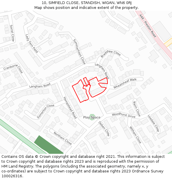 10, SIMFIELD CLOSE, STANDISH, WIGAN, WN6 0RJ: Location map and indicative extent of plot