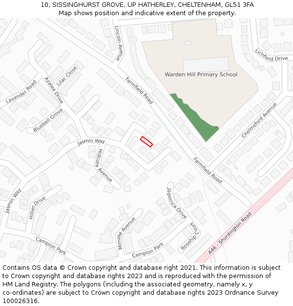 10, SISSINGHURST GROVE, UP HATHERLEY, CHELTENHAM, GL51 3FA: Location map and indicative extent of plot