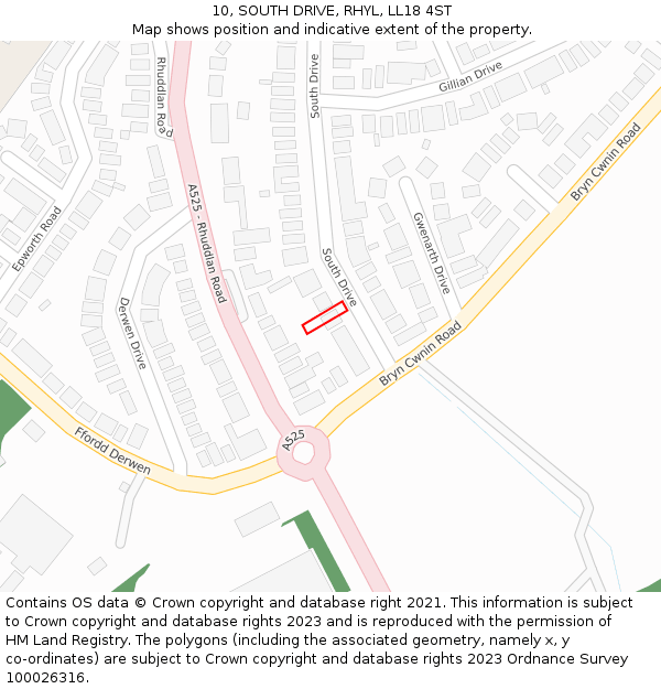 10, SOUTH DRIVE, RHYL, LL18 4ST: Location map and indicative extent of plot