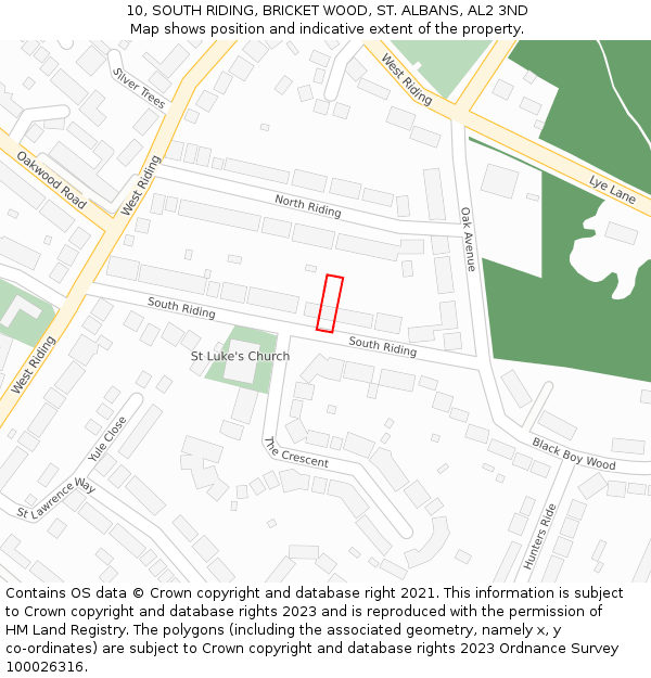 10, SOUTH RIDING, BRICKET WOOD, ST. ALBANS, AL2 3ND: Location map and indicative extent of plot